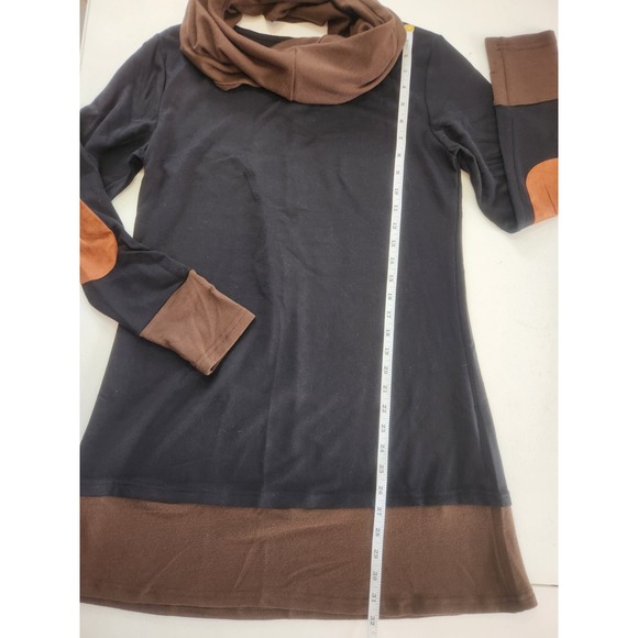 Womens Black Long Sleeve Tunic Dress Brown Accents and Attached Scarf Size M - Picture 8 of 9